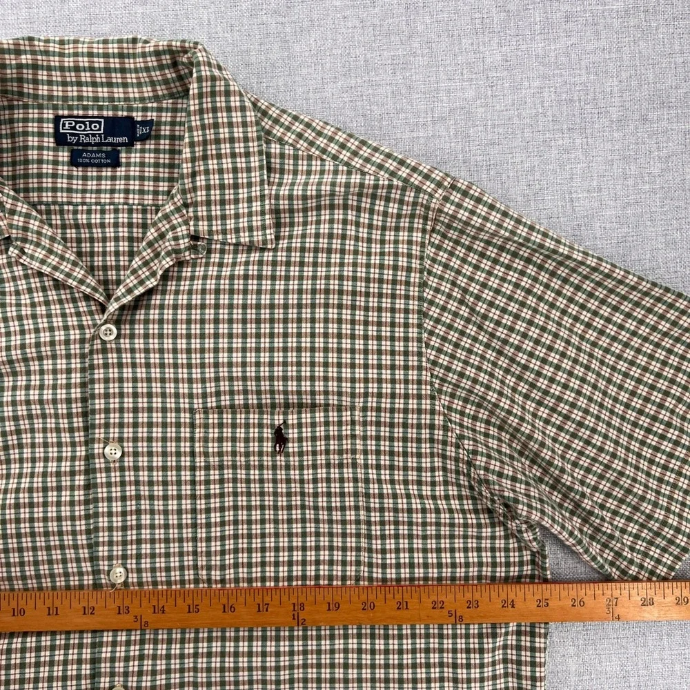 VTG Y2K Polo Ralph Lauren Adams Loop Collar Shirt Men‎ XL Green Tan Check Camp